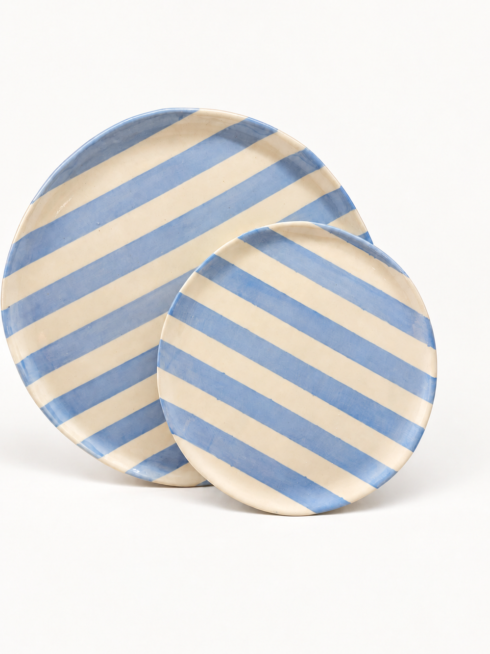 Handmade baby blue stripe dinner and side plate set, upright
