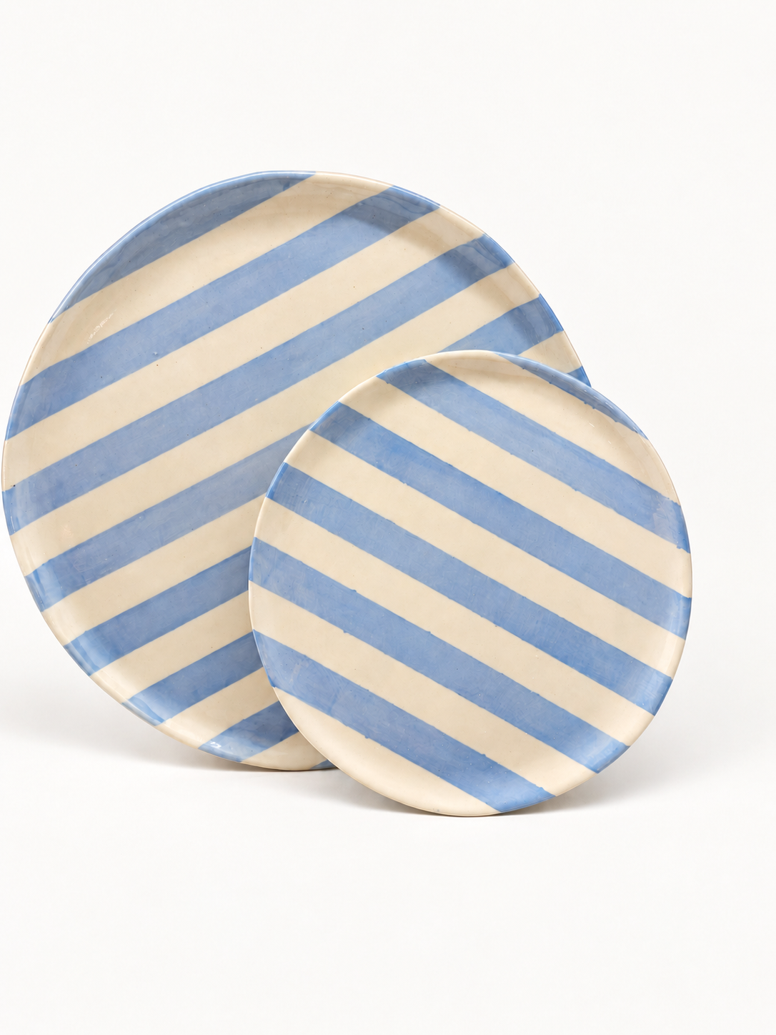 Handmade baby blue stripe dinner and side plate set, upright