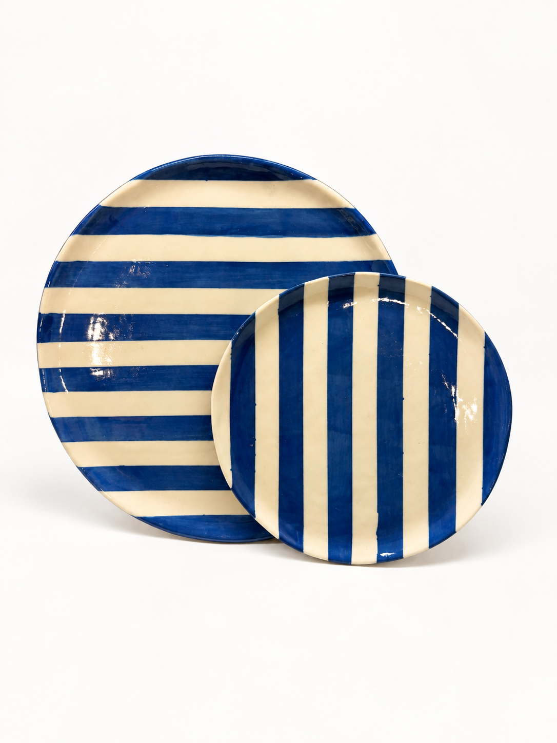 Handmade cobalt stripe dinner and side plate set, upright