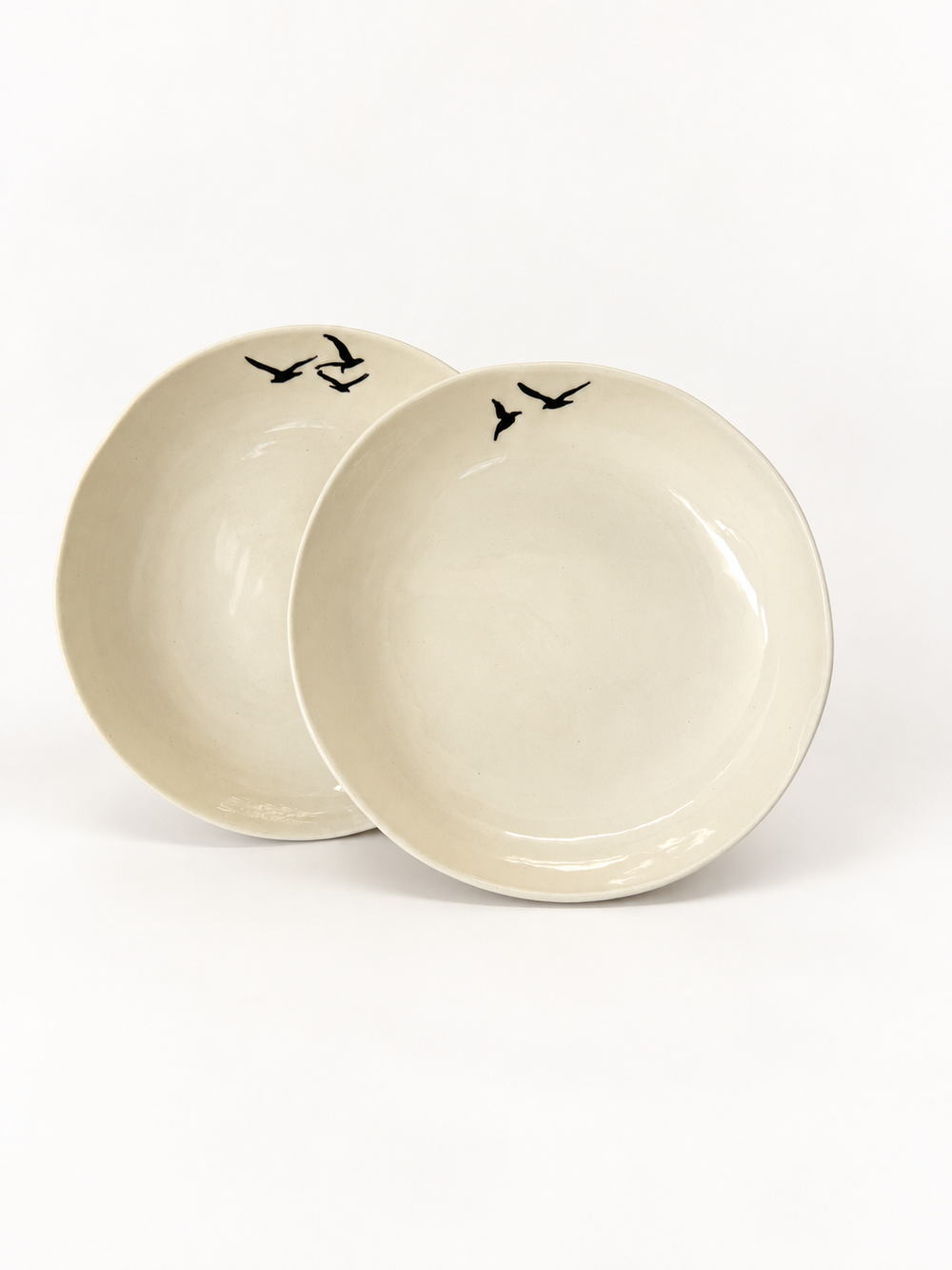 Set of two handmade Birds Pasta Bowls, approximately 19 cm each