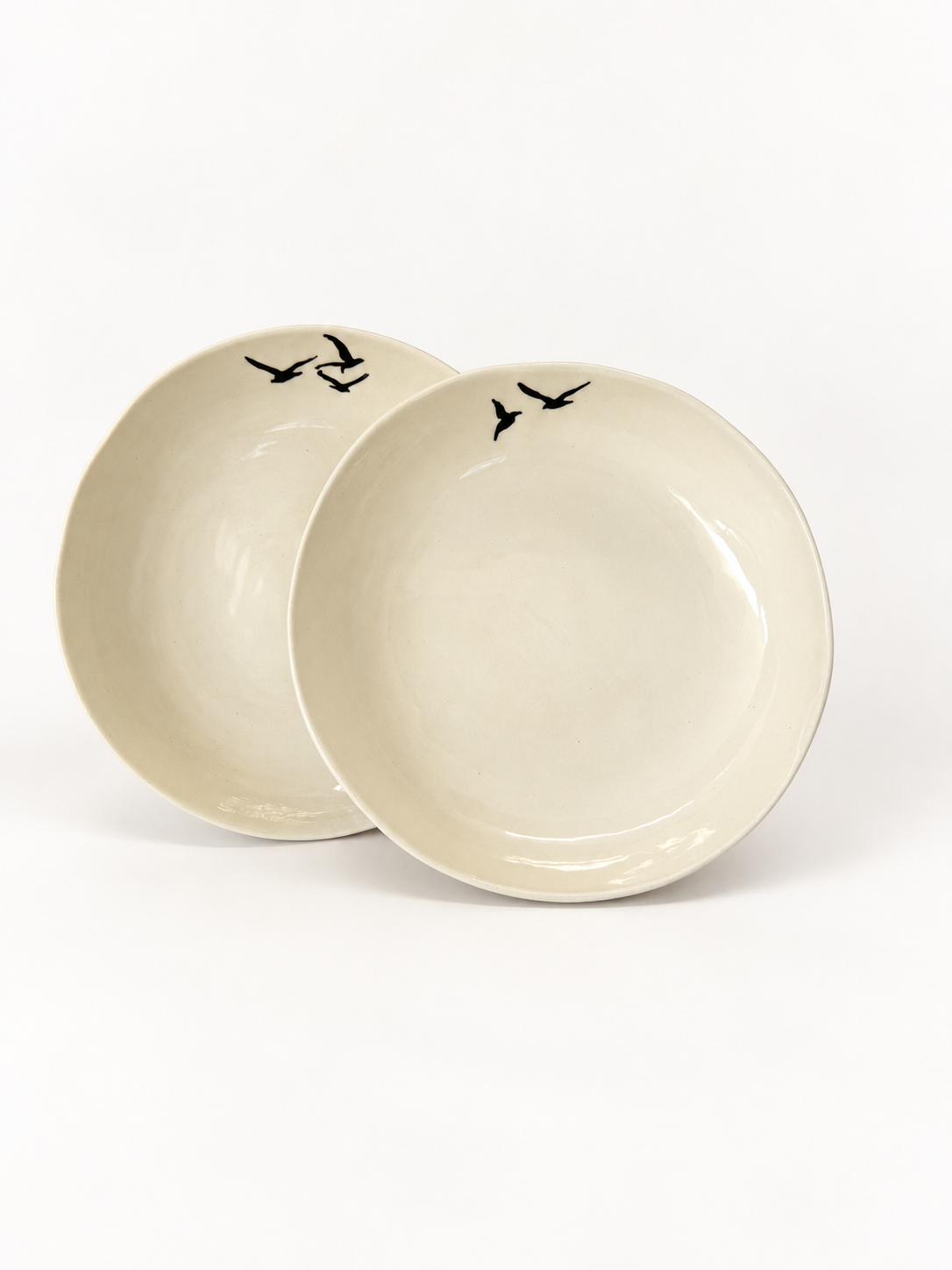 Set of two handmade Birds Pasta Bowls, approximately 19 cm each