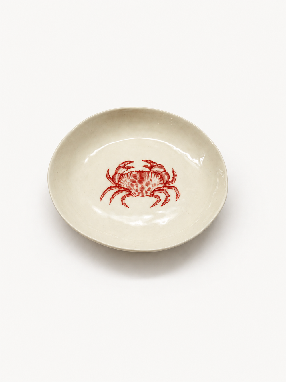 Angled view of handmade crab pasta bowl, 19 cm wide and 4.5 cm deep