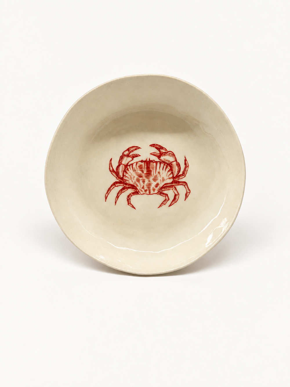 Handmade ivory crab pasta bowl with red motif
