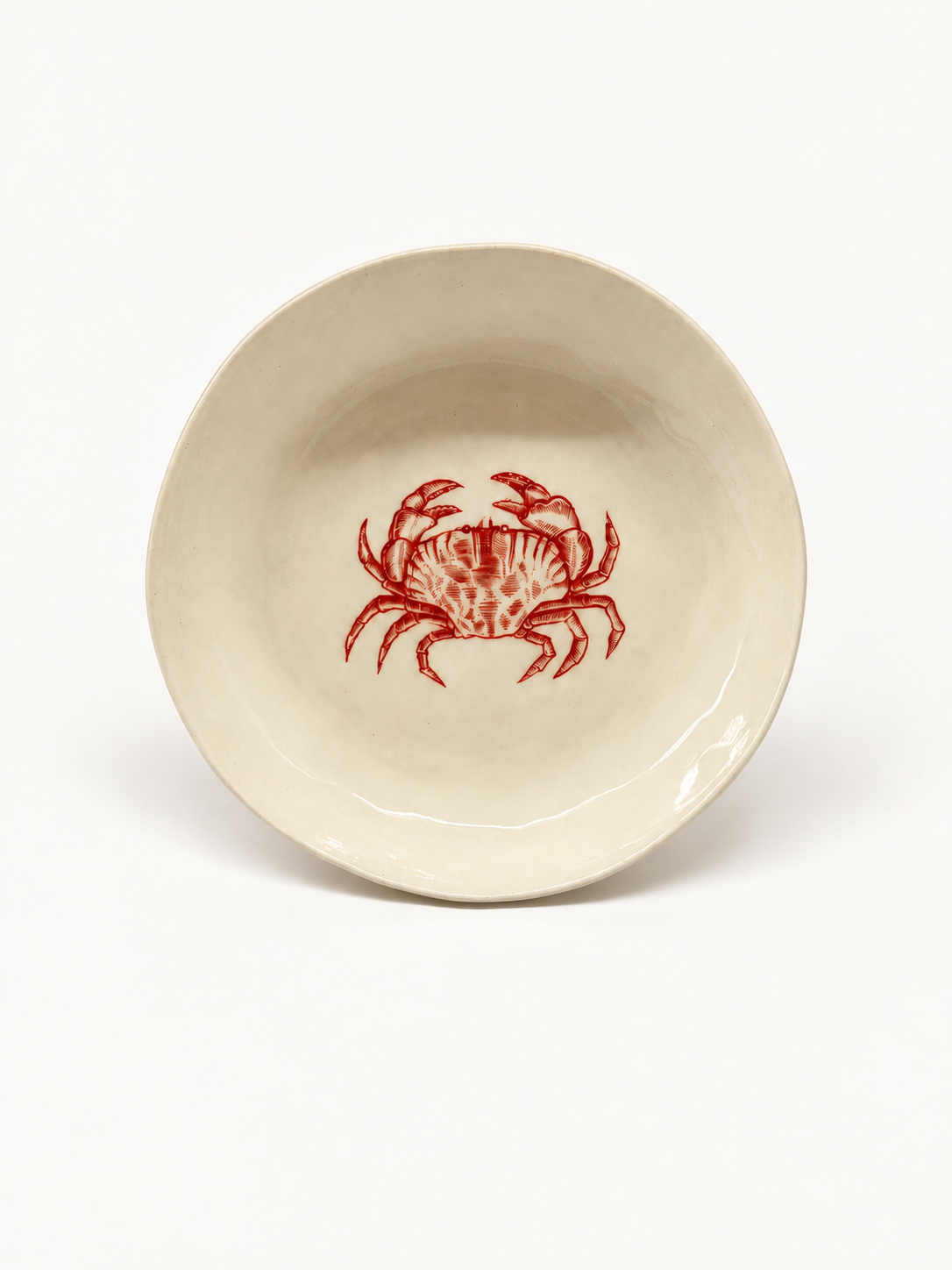 Handmade ivory crab pasta bowl with red motif